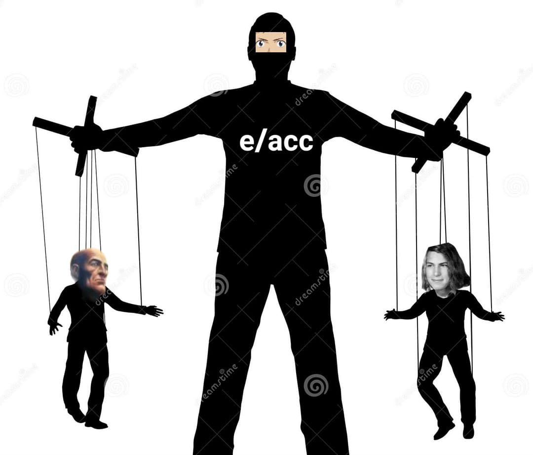 A political meme depicting a black silhouette of a puppeteer with the text "e/acc" on its chest, controlling two puppet figures with the faces of Donald Trump and a woman. The puppeteer's face is replaced with a pair of anime-style eyes.