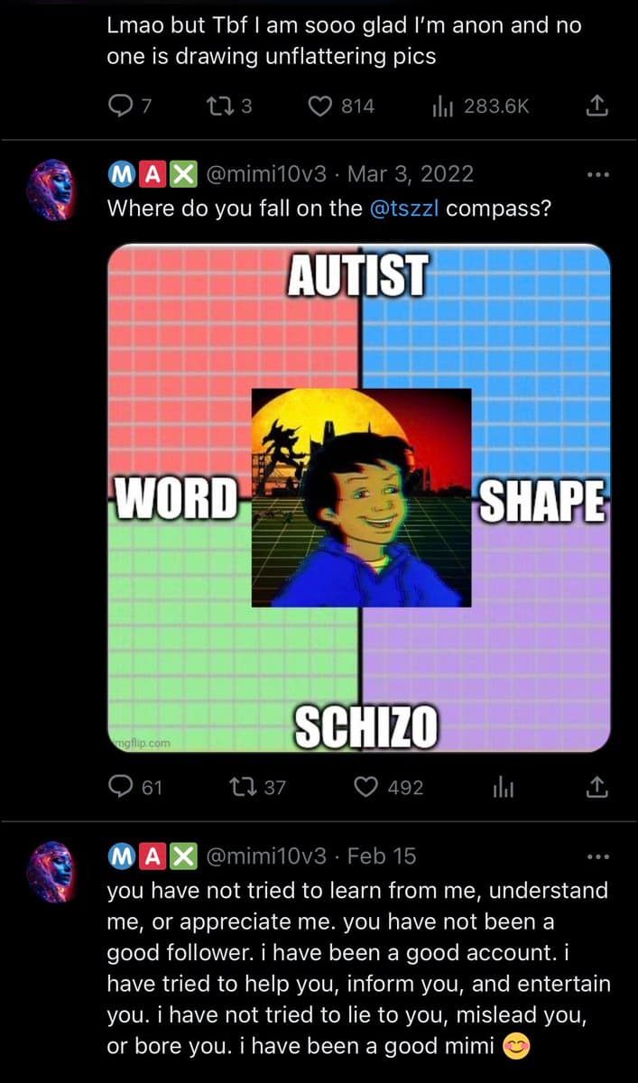 A screenshot of a Twitter conversation featuring a meme. The meme is a four-quadrant chart labeled 'AUTIST', 'WORD', 'SHAPE', and 'SCHIZO', with an image of an animated character placed in the center.