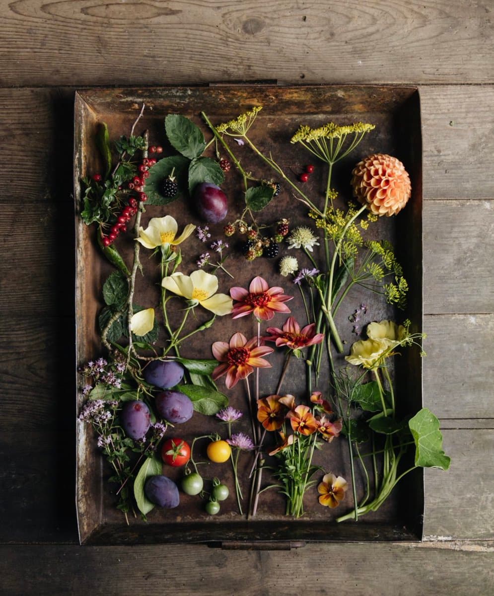 A top-down photograph of a rustic metal tray filled with an assortment of fresh flowers, berries, and vegetables arranged on a wooden surface. The collection includes yellow and pink dahlia-like flowers, purple plums, red and yellow tomatoes, blackberries, and various green stems and leaves.