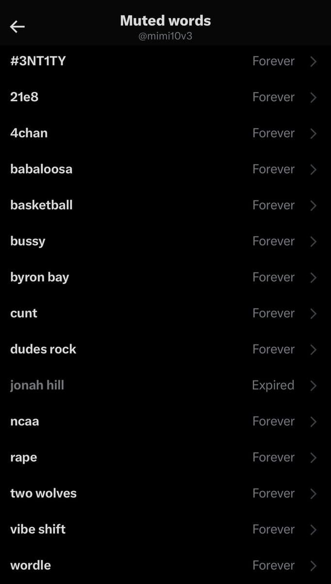 A screenshot of a Twitter 'Muted words' settings page for the account @mimi10v3, listing various terms and their mute duration. The list includes words and phrases such as '#3NT1TY', '21e8', '4chan', 'basketball', 'bussy', 'byron bay', 'cunt', 'dudes rock', 'jonah hill', 'ncaa', 'rape', 'two wolves', 'vibe shift', and 'wordle', most of which are set to be muted 'Forever' while 'jonah hill' is marked as 'Expired'.