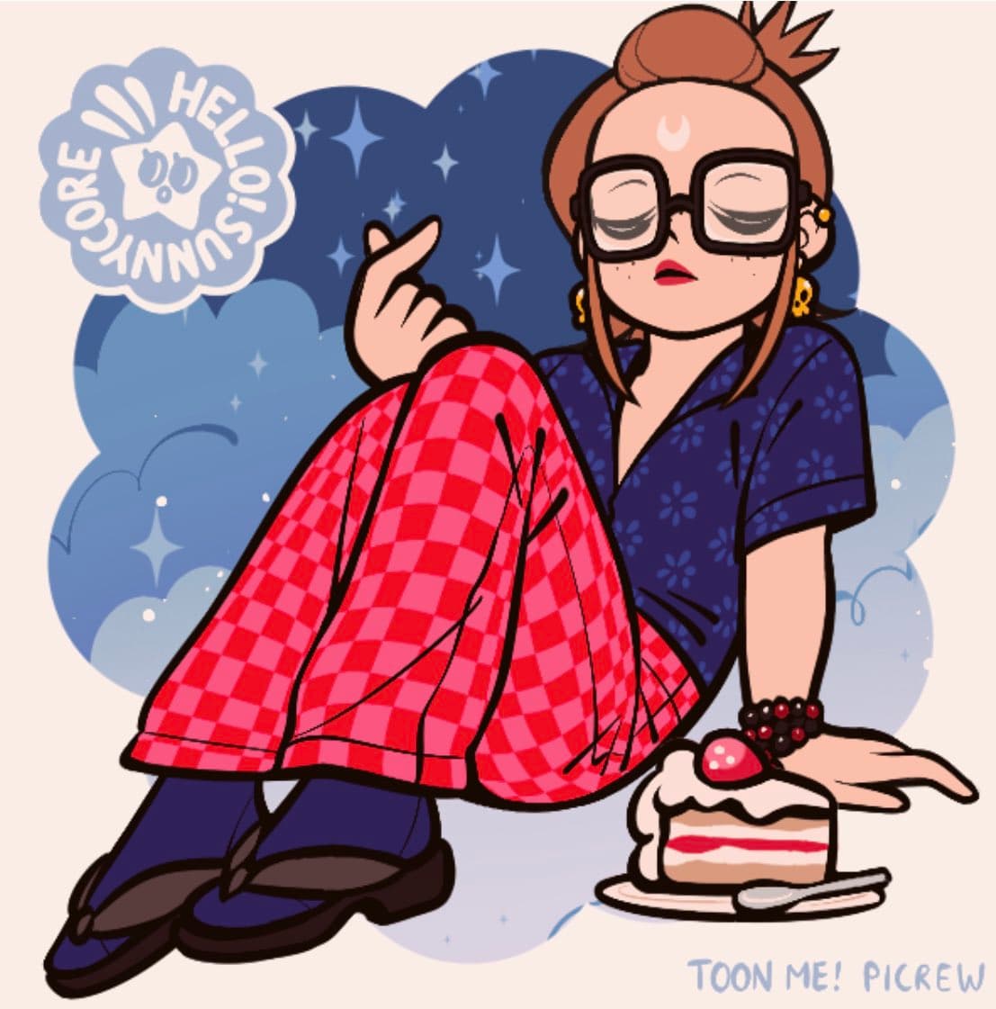A digital illustration of a stylized female character with glasses and a bun, sitting with her knees up and a slice of cake on a plate in front of her. The image features a 'Hello Sunshine' logo in the upper left and a 'Toon Me! Picrew' watermark in the lower right corner.