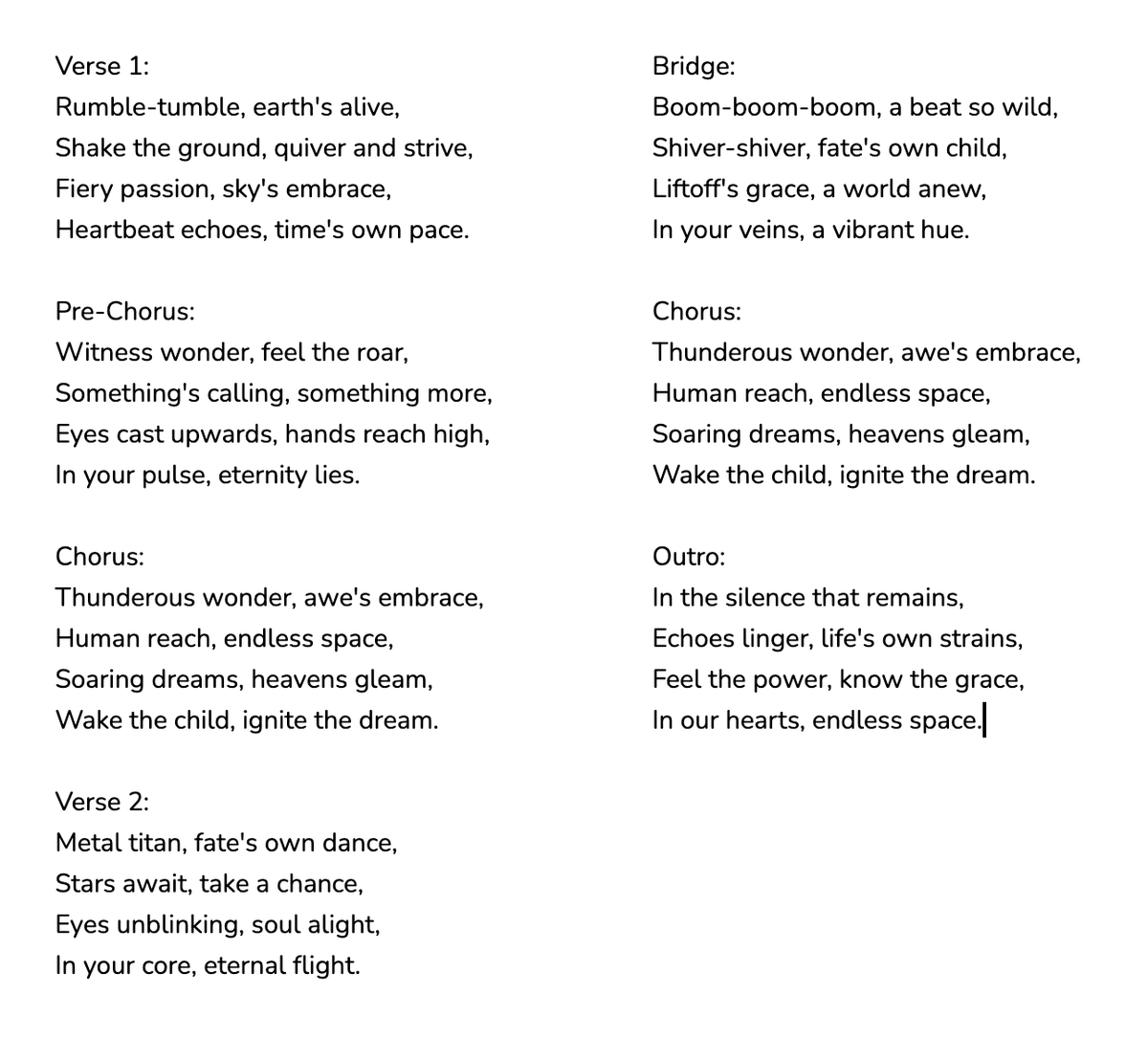 A screenshot of a text document displaying song lyrics arranged in two columns on a white background. The text is organized into sections labeled Verse 1, Pre-Chorus, Chorus, Verse 2, Bridge, and Outro.