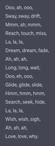 A text-only image displaying a list of short, rhythmic phrases on a dark background.