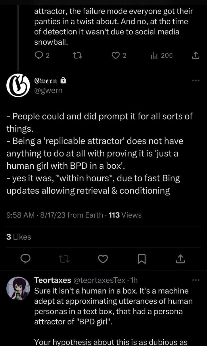 A screenshot of a Twitter conversation discussing an AI system's behavior and the concept of a 'replicable attractor.' The main post is by user @gwern, with a reply from @teortaxesTex below it.