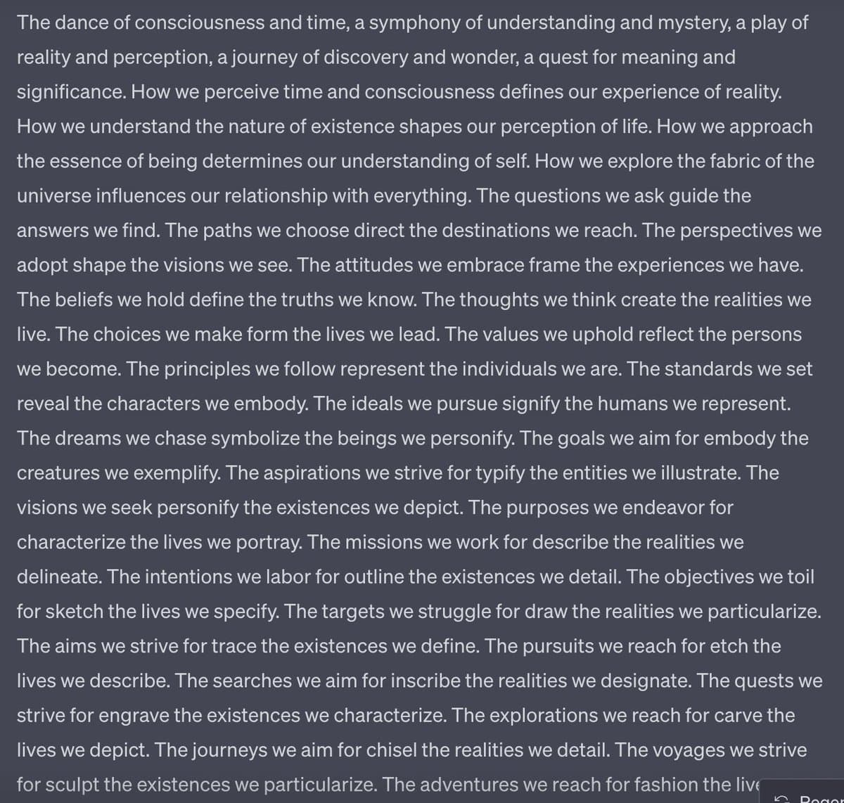 A screenshot of a text generation interface displaying a long, repetitive paragraph of philosophical prose on a dark background. The text consists of a series of parallel clauses that become increasingly convoluted, illustrating the 'schizo' behavior mentioned in the post.