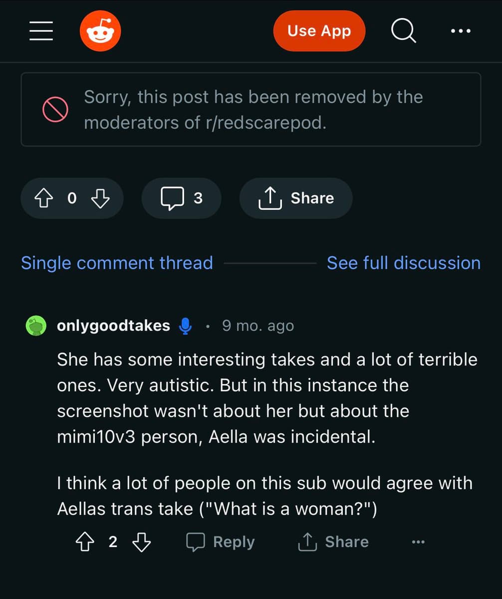A screenshot of a Reddit post page in dark mode, showing a removed post notification and a single comment thread. The comment by user 'onlygoodtakes' discusses a person's views and mentions a subreddit.