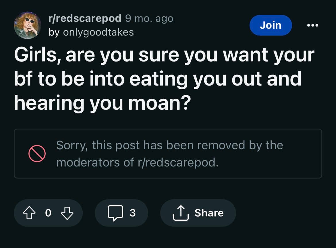 A screenshot of a Reddit post from the subreddit r/redscarepod, which has been removed by moderators. The post title is visible above a removal notice.