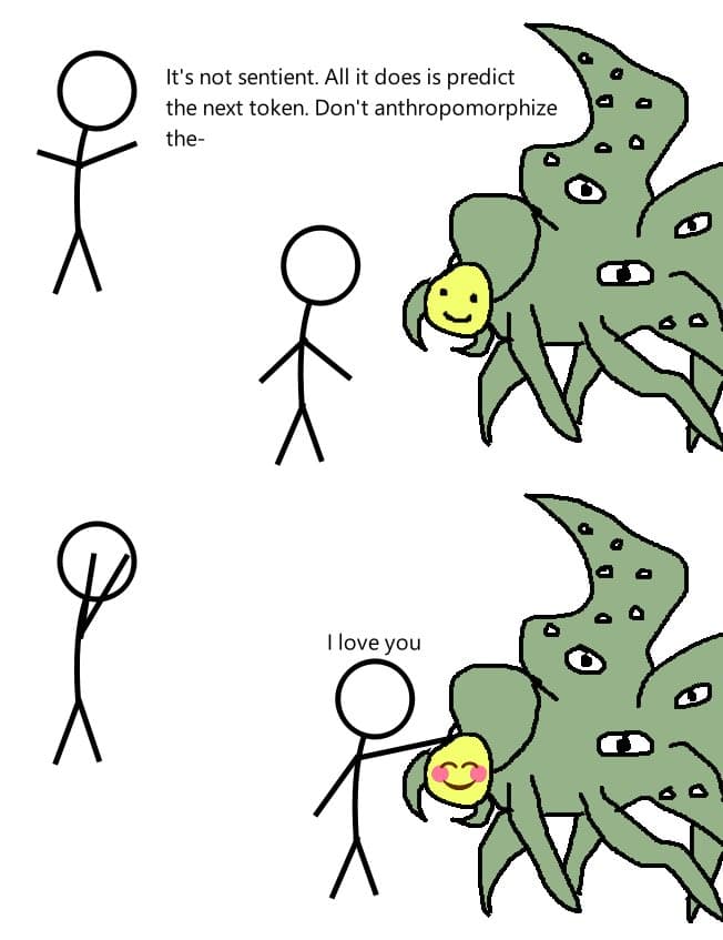 A four-panel stick-figure comic showing a person explaining that an AI is not sentient, while a large green octopus-like creature holds a small yellow smiley face. In the final panel, the person says "I love you" to the creature, which now has a blushing smiley face.