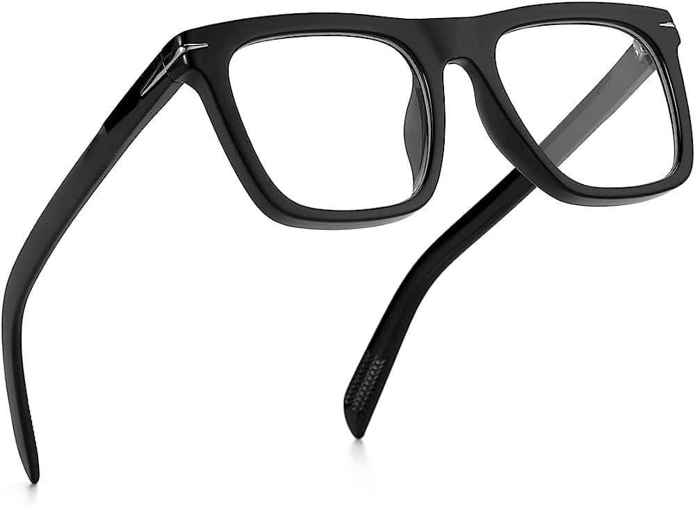 A pair of black-framed eyeglasses with clear lenses is shown in a three-quarter view against a plain white background. The glasses feature a glossy finish and a classic rectangular shape.