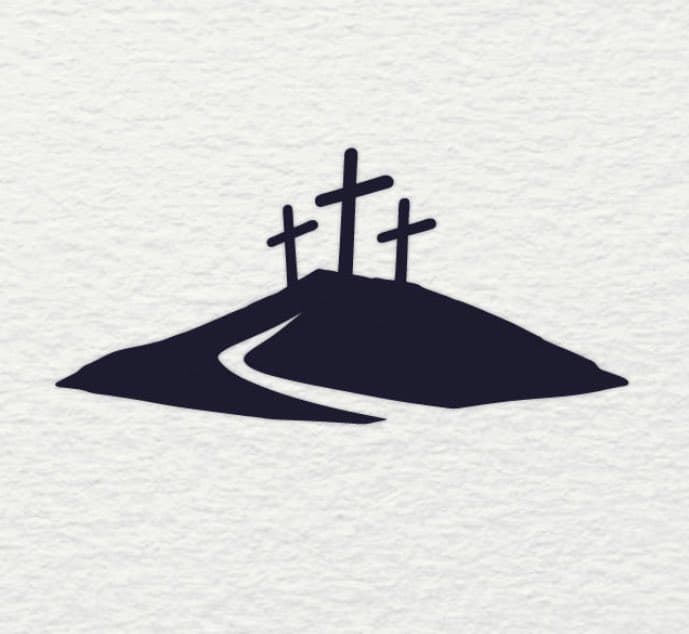 A minimalist black-and-white illustration of a hill with three crosses on top, representing the crucifixion, with a winding path leading up to it. The image is set against a textured white background.