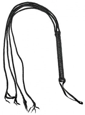A black leather whip with a braided handle and multiple thin, braided tails ending in small tassels, displayed against a plain white background.