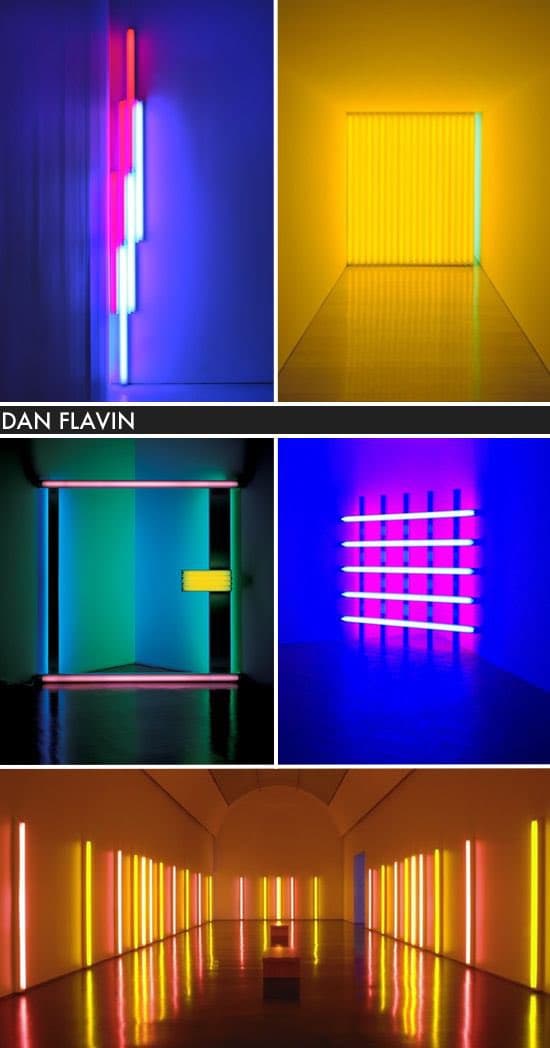 A collage of five photographs showcasing Dan Flavin's neon light installations, featuring vibrant geometric arrangements of colored tubes in gallery settings. The images display various configurations, including vertical and horizontal lines, grids, and room-sized installations, creating immersive environments of light and color.