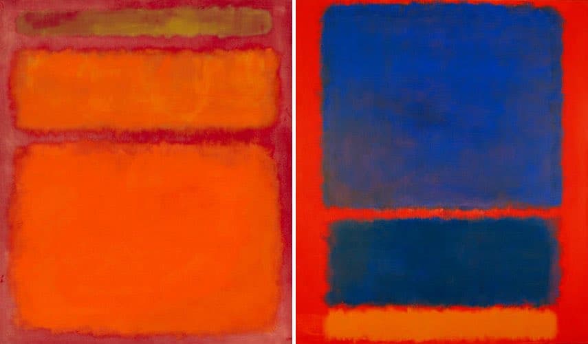 A diptych of abstract paintings featuring large, soft-edged rectangular blocks of color. The left panel displays orange and yellow rectangles on a reddish background, while the right panel shows blue and orange rectangles on a red background.
