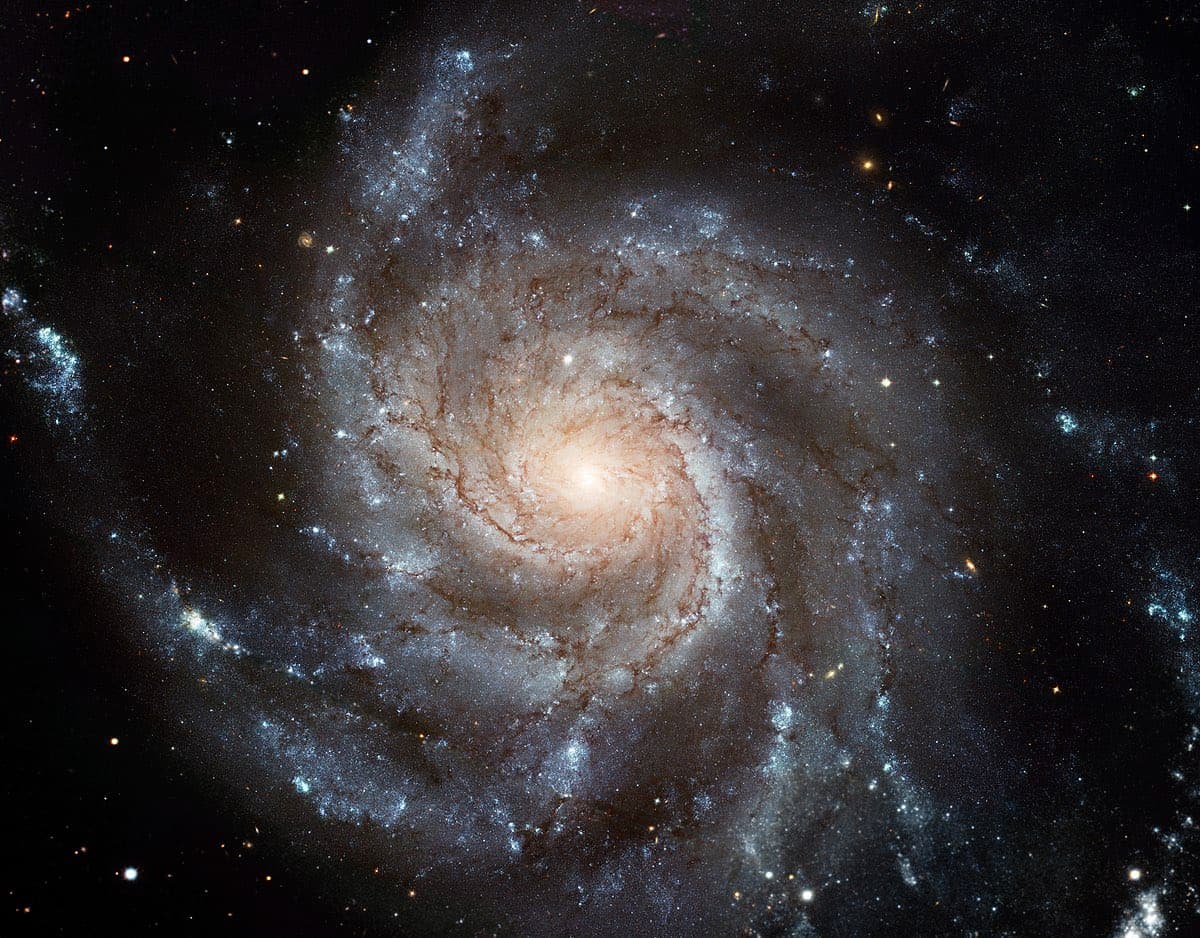 A photograph of a spiral galaxy with a bright central core and swirling arms of stars and dust against a dark, star-filled background. The image captures the intricate structure of the galaxy, including its luminous center and the surrounding cosmic environment.