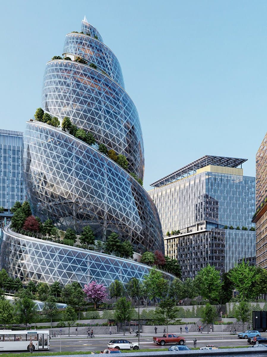 A digital architectural rendering of a futuristic, spiraling glass skyscraper featuring integrated green terraces, set against a clear blue sky in an urban environment with other modern buildings and street traffic.