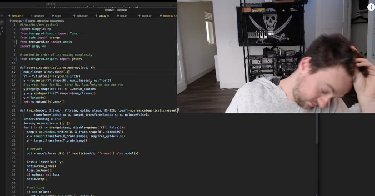 A split-screen image showing a person in a room on the right and a code editor displaying Python source code on the left. The code editor is open to a file named 'main.py' within a project called 'tensorgad'.