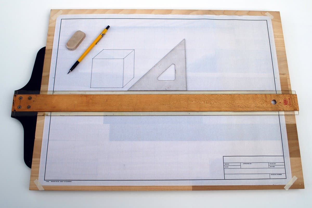 A top-down view of a wooden drafting board with a sheet of graph paper, a mechanical pencil, an eraser, and a triangular ruler. A simple line drawing of a cube is visible on the paper.