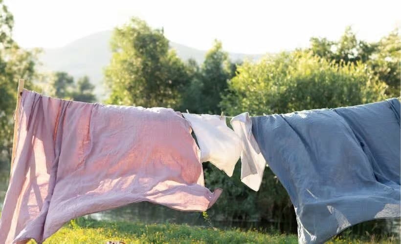 A photograph of laundry, including a pink shirt and a blue shirt, hanging on a clothesline outdoors. The background features green trees and a distant hill under a bright sky.