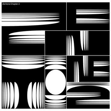 A black-and-white abstract graphic design composed of a grid of rectangular panels containing various white geometric shapes, including horizontal and vertical lines, ovals, and circles, on a black background. The text 'Zentone Chapter 2' appears in the top left corner.