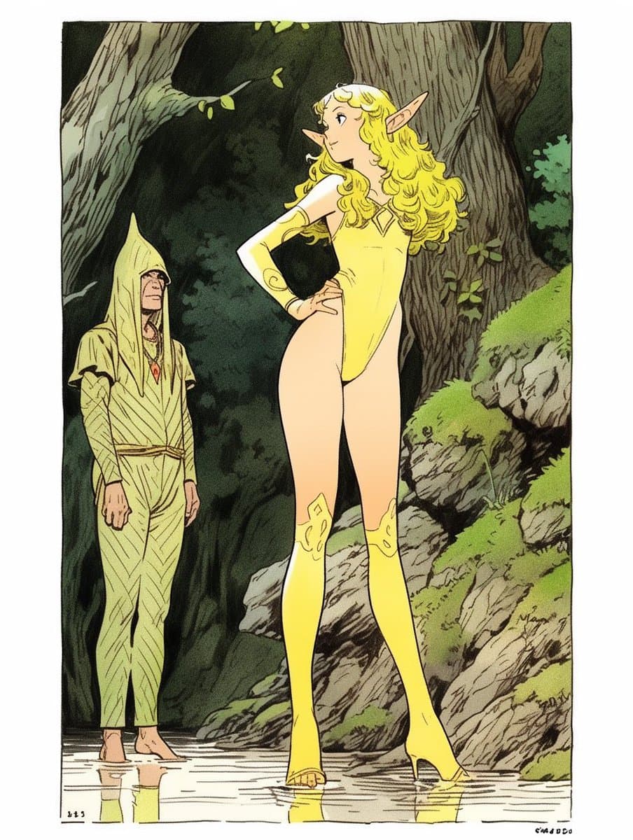 A comic book illustration depicting a tall, blonde elf woman in a yellow bodysuit and boots standing in a stream, looking down at a shorter, hooded figure in a green outfit. The scene is set in a forest with large trees and rocks.