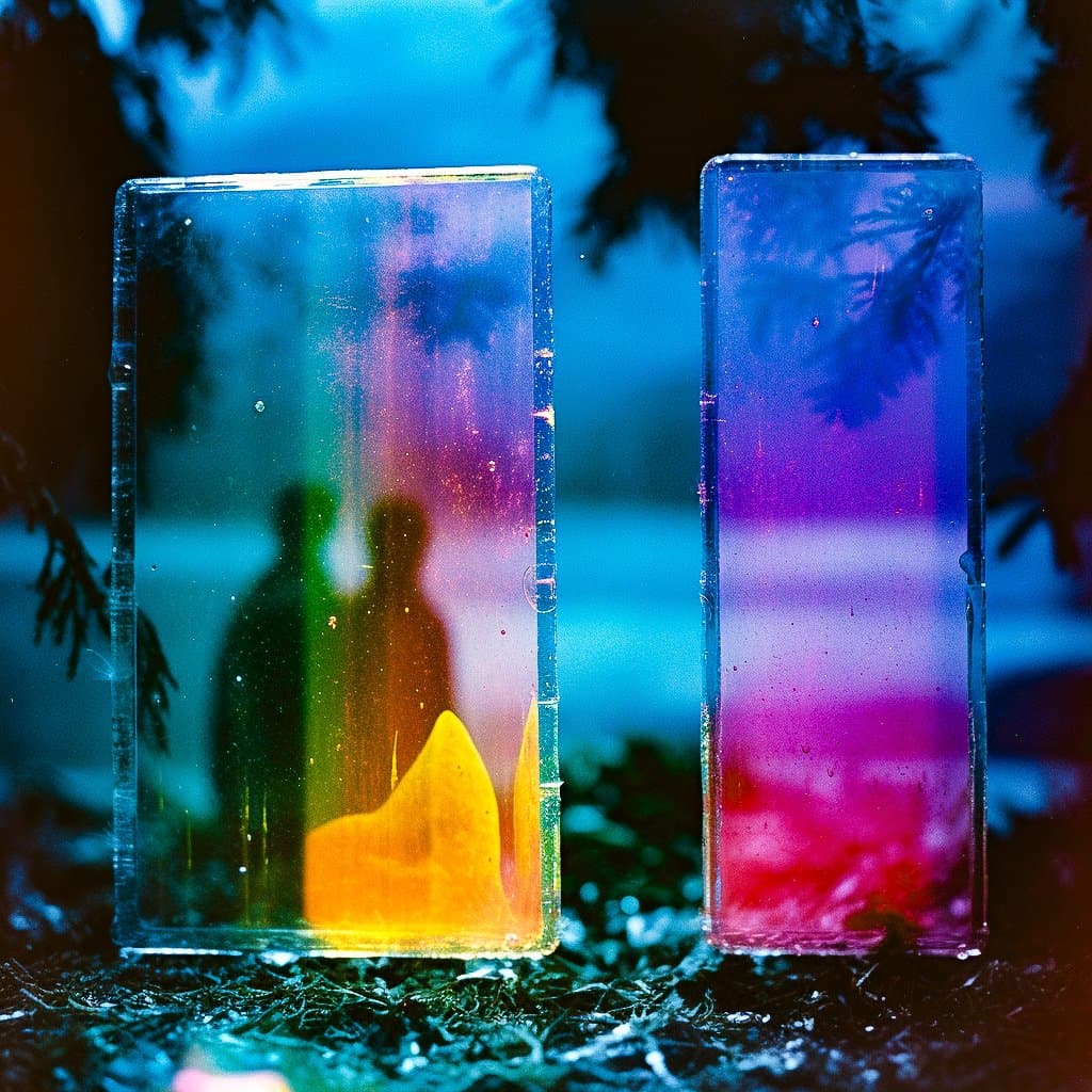 A surreal, colorful photograph showing two rectangular, translucent blocks standing upright on a textured surface. The left block contains a rainbow gradient with silhouettes of two people and a yellow shape, while the right block features a purple and pink gradient with a white horizontal band. The background is a blurred blue scene with dark, leafy silhouettes.