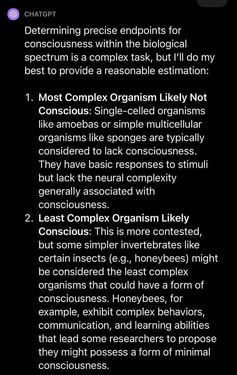 A screenshot of a ChatGPT response discussing the biological spectrum of consciousness. The text is presented in a numbered list format on a dark background.