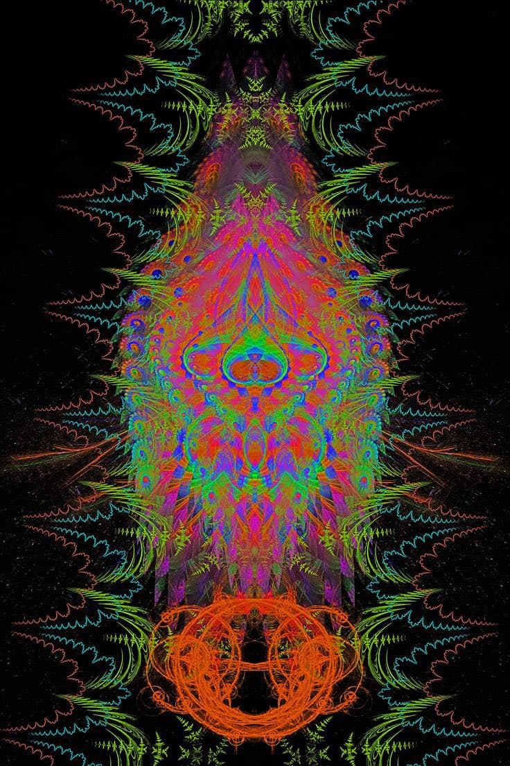 A vibrant, symmetrical digital art piece featuring intricate, kaleidoscopic patterns in neon colors against a black background. The design includes fractal-like elements and a central, ornate structure with a prominent orange circular motif at the bottom.