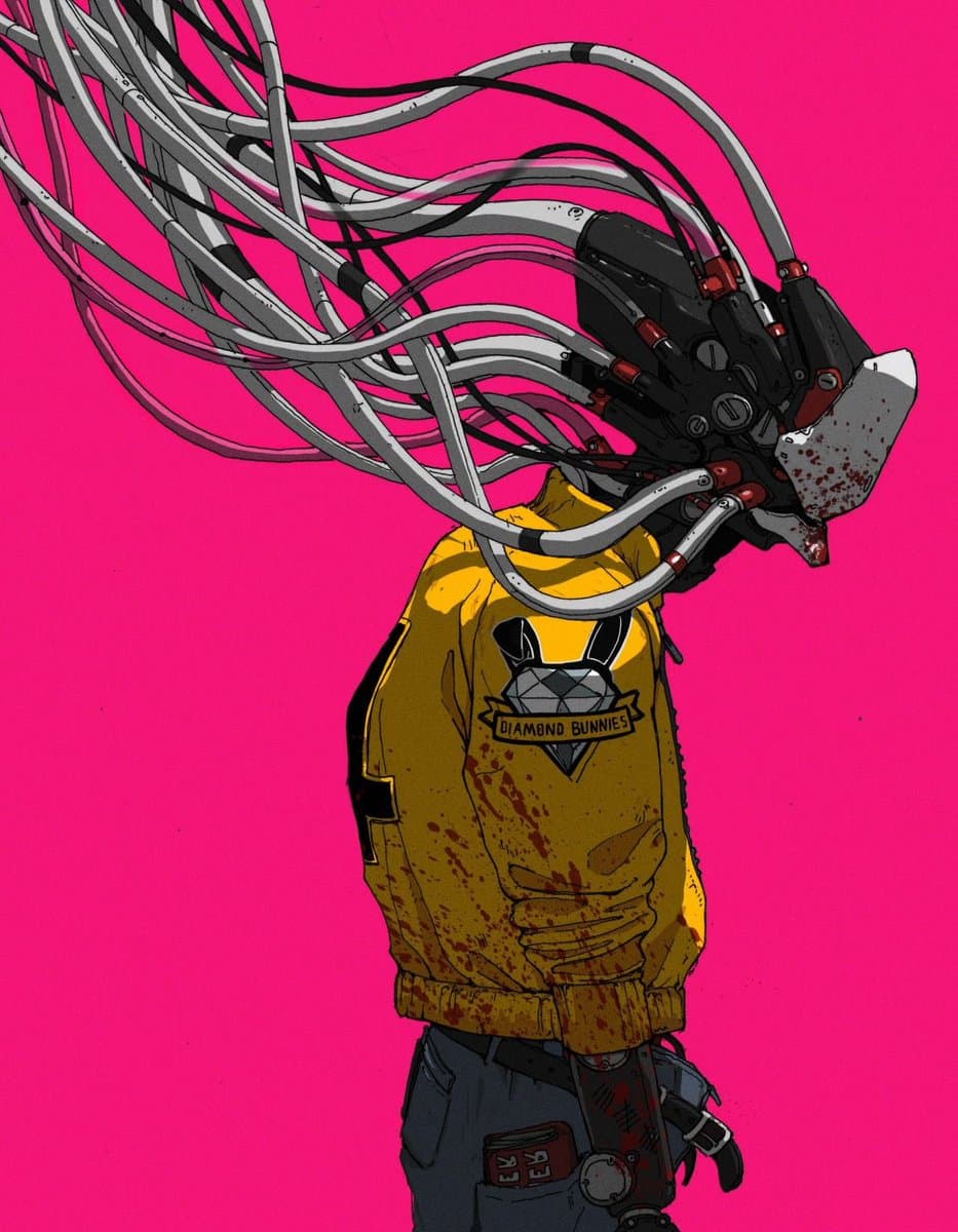 A digital illustration of a figure in a yellow jacket against a hot pink background, whose head has been replaced by a mechanical device with numerous cables extending upward. The jacket features a patch with a diamond and bunny ears logo.