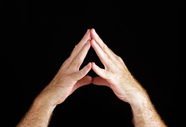 A pair of hands with fingers pressed together in a prayer-like gesture against a black background. The image is a close-up photograph focusing on the hands and forearms.