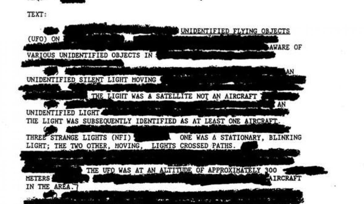 A redacted document excerpt discussing unidentified flying objects (UFOs) and unidentified flying objects (NFI). The text describes observations of various unidentified objects, including a silent light that was initially thought to be a satellite but later identified as an aircraft, and three strange lights, one stationary and blinking, and two moving lights that crossed paths. The UFO was noted to be at an altitude of approximately 300 meters in the area.
