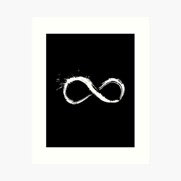 A minimalist black-and-white graphic featuring a white, brush-stroke style infinity symbol centered on a black background, framed by a white border. The image has a clean, artistic design suitable for digital sharing or print.