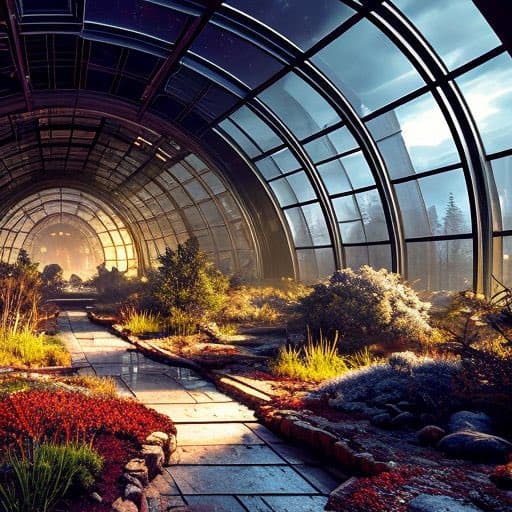 A digital illustration of a large, arched glass greenhouse with a stone pathway winding through various plants and shrubs, illuminated by warm sunlight streaming through the windows.