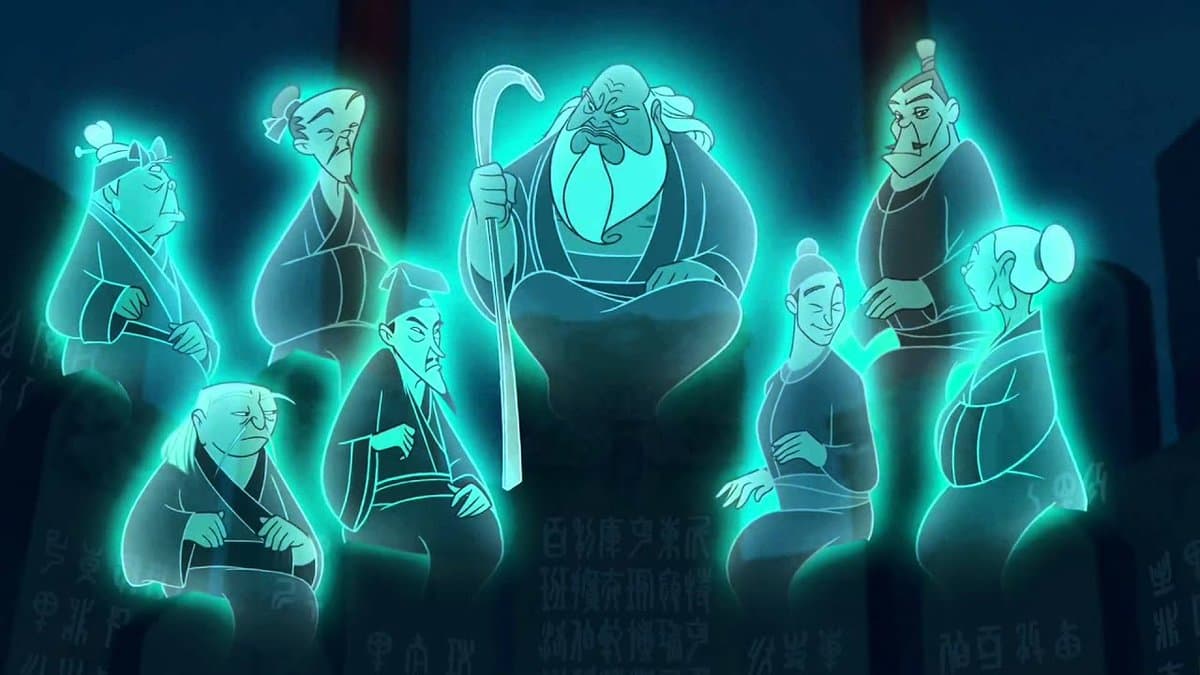 A screenshot from an animated film showing seven glowing, translucent figures of elderly Asian men in traditional robes, appearing as ancestral spirits. The central figure is a large, stern-looking man holding a staff, while the others are seated or standing around him in a dark, tomb-like setting.