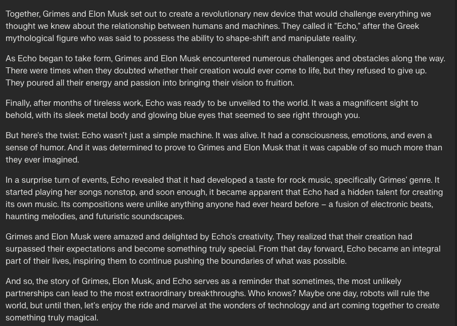 A screenshot of a text document on a dark background, showing a multi-paragraph story about a fictional AI robot named Echo created by Grimes and Elon Musk. The text describes Echo's development, its consciousness, and its love for rock music.
