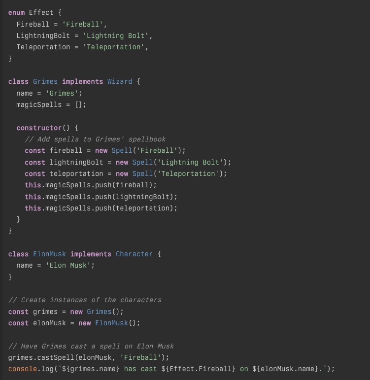 A screenshot of a code editor displaying a TypeScript file with syntax highlighting. The code defines an enum and two classes, 'Grimes' and 'ElonMusk', and includes a console log statement at the bottom.