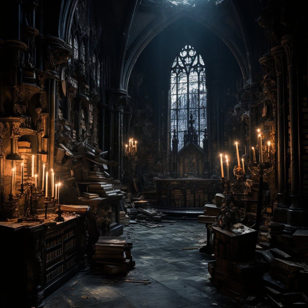 A dark, atmospheric digital illustration of a gothic cathedral interior, featuring high vaulted ceilings, a large stained-glass window, and numerous lit candles illuminating stacks of old books and debris on the floor.