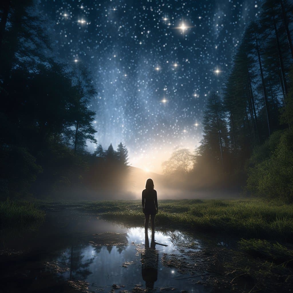 A digital illustration of a person standing in a forest clearing at night, looking up at a starry sky. The scene is illuminated by a bright light source on the horizon, with the figure's reflection visible in a puddle in the foreground.