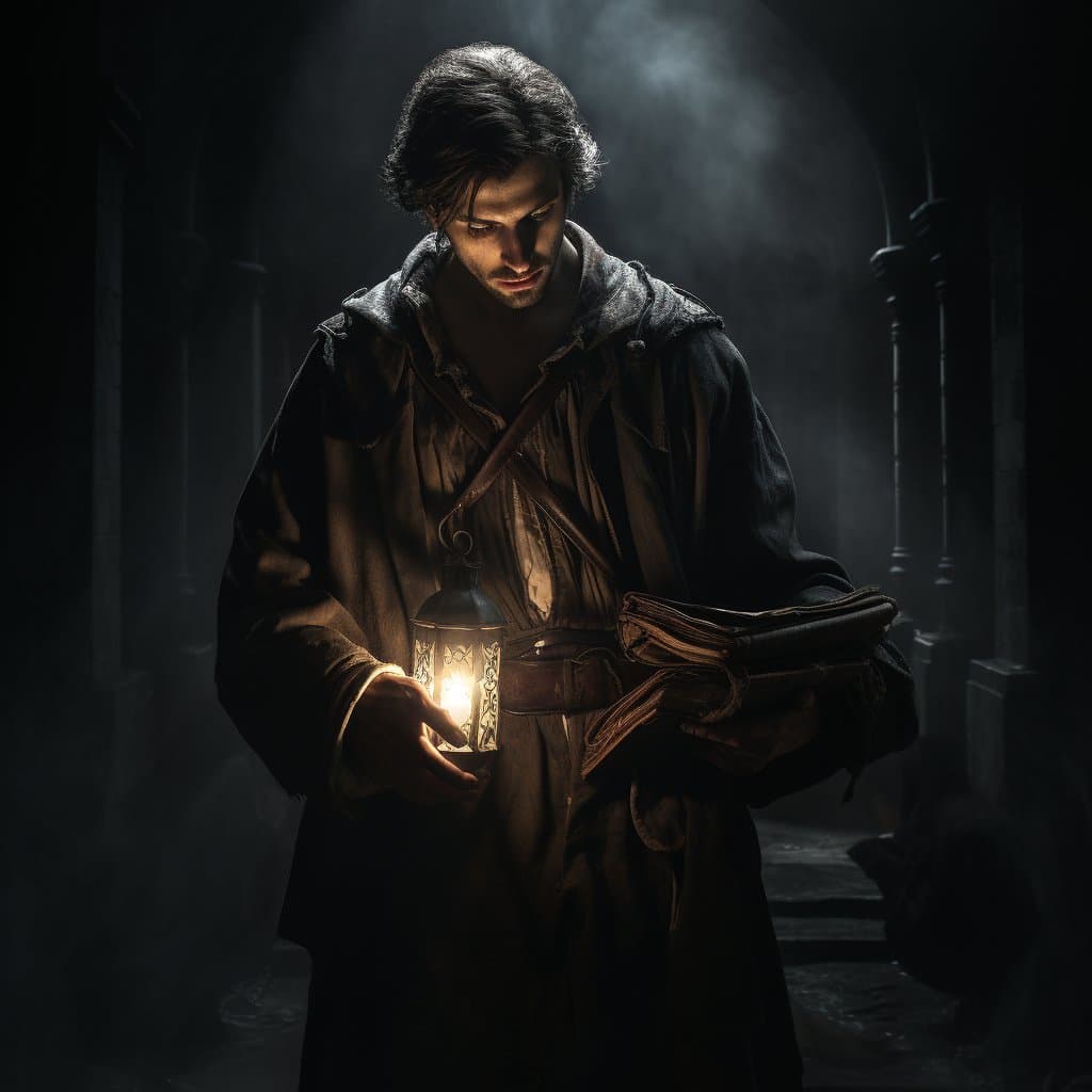A moody, dark fantasy illustration of a man in a hooded cloak holding a glowing lantern and a stack of old books in a dimly lit, misty stone corridor.