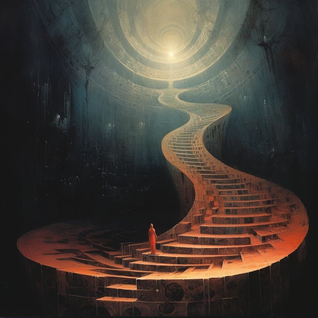A surreal digital artwork depicting a lone figure in a red robe standing on a spiraling staircase that winds upward into a glowing, circular light source within a dark, cavernous space.