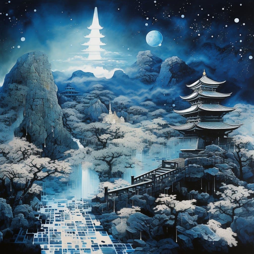 A digital fantasy illustration depicting a serene, moonlit landscape featuring traditional East Asian pagodas, snow-covered trees, and a stone bridge. A glowing, ethereal pagoda floats in the clouds above the mountains, while a patterned pathway leads through the foreground.