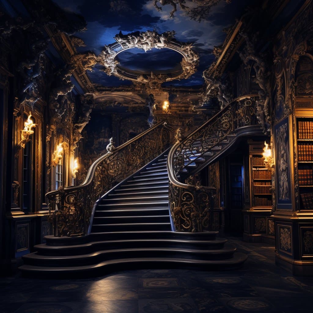 A digital artwork depicting a grand, ornate interior featuring a sweeping staircase with intricate golden railings, illuminated by wall sconces and a skylight in a dark, baroque-style room.