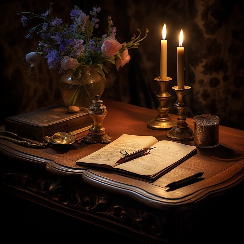 A dimly lit, vintage-style still life on a wooden table, featuring an open book with a quill pen, two lit candles in brass holders, a glass vase of purple and pink flowers, and a glass of dark liquid.