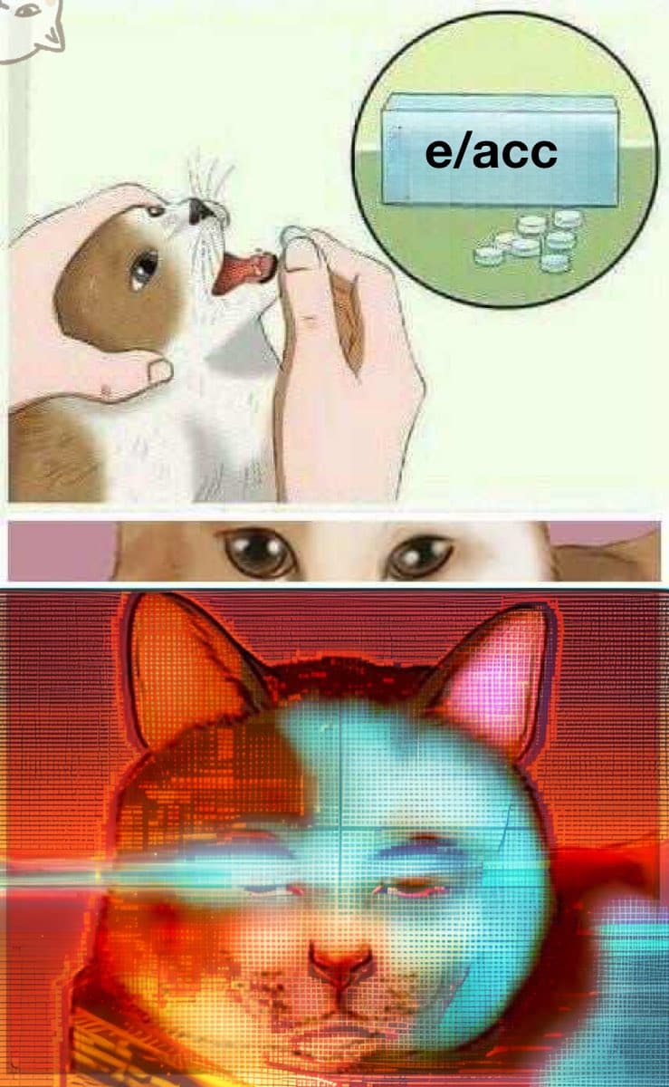 A three-panel meme featuring a cat. The top panel shows a person feeding a cat a pill, with a thought bubble containing a pill box labeled 'e/acc'. The middle panel shows a close-up of the cat's eyes. The bottom panel depicts the cat's face with a digital, glitched overlay in red and blue tones.