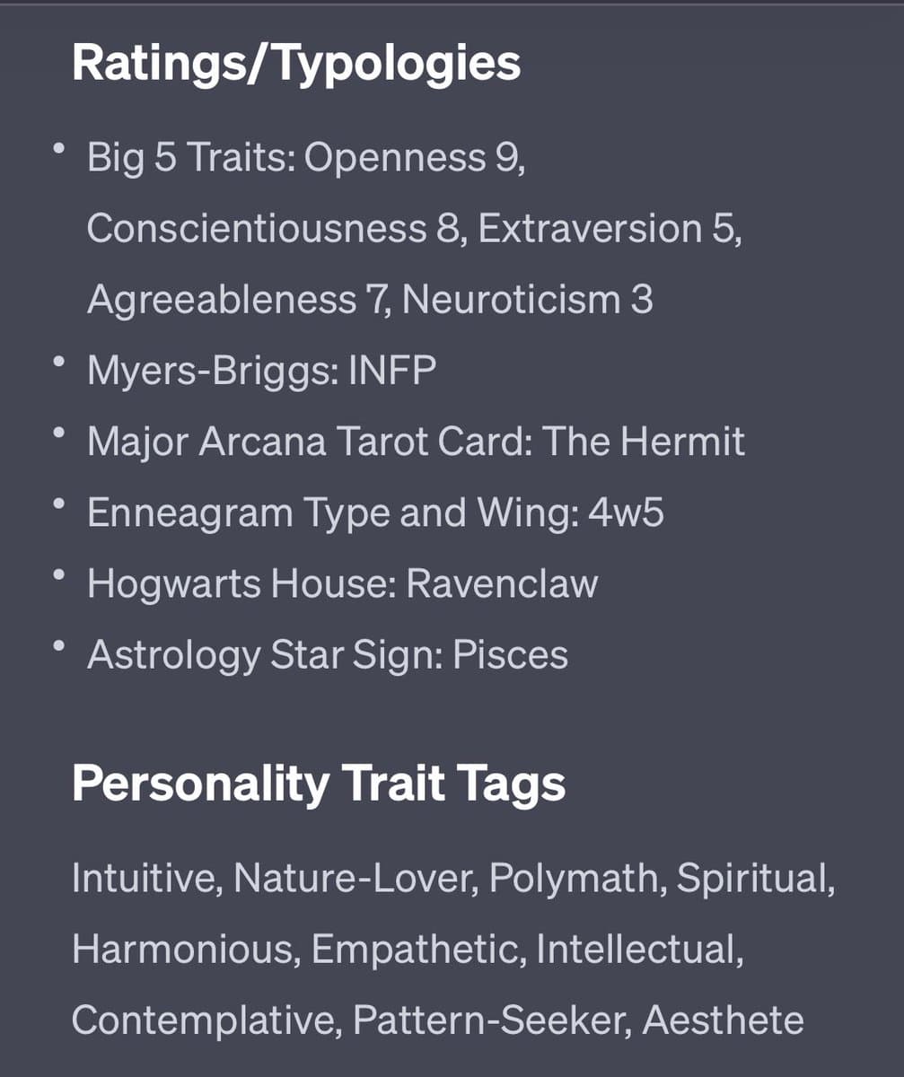 A text-based image displaying a list of personality ratings and typologies, including Big 5 Traits, Myers-Briggs, Enneagram, Hogwarts House, and Astrology Star Sign, followed by a section of personality trait tags.