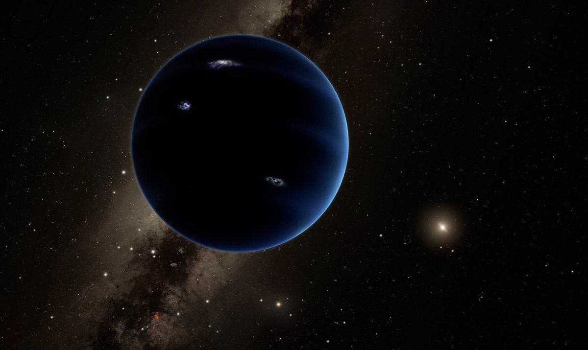 A digital illustration of a large, dark blue planet with faint surface features, set against a starry background featuring the Milky Way galaxy and a distant galaxy.