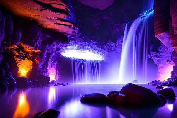 A digital artwork depicting a mystical cave with a glowing, ethereal waterfall and a pool of water reflecting the vibrant purple and orange lights. The scene features smooth, rounded rocks in the foreground and a large, luminous opening in the cave wall.