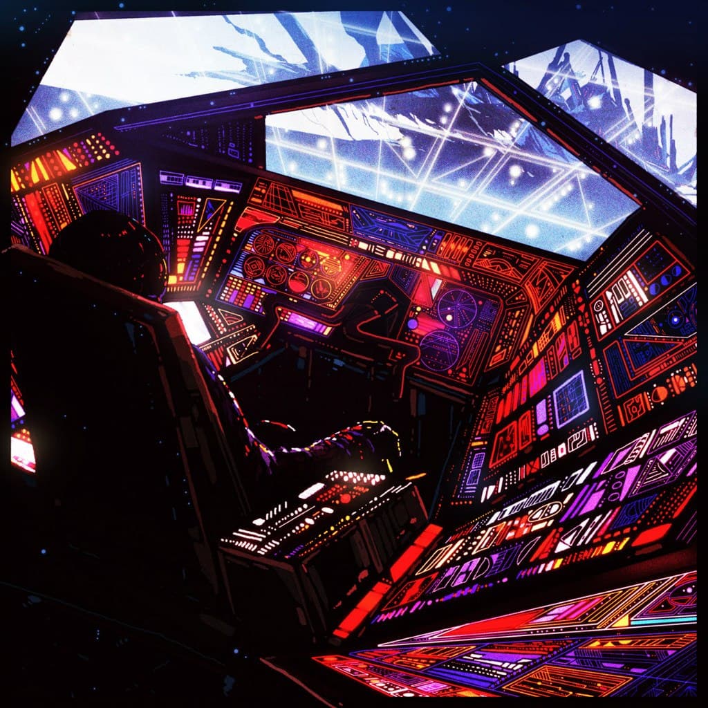 A digital illustration depicting a silhouetted figure seated in the pilot's chair of a futuristic spaceship cockpit, surrounded by glowing red, orange, and purple control panels and illuminated screens.