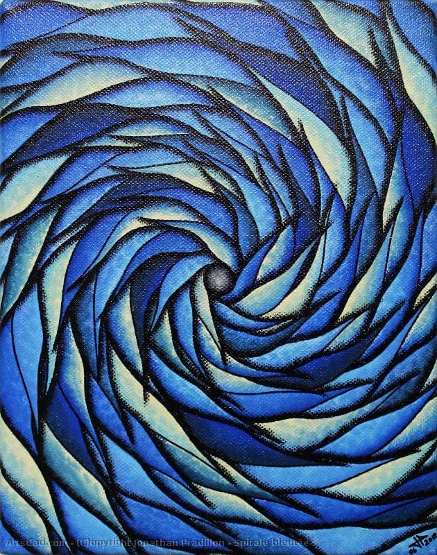 A digital artwork depicting a swirling, spiral pattern in various shades of blue and white, resembling a vortex or whirlpool. The image features a watermark at the bottom left and a signature at the bottom right.