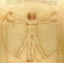 A reproduction of Leonardo da Vinci's famous drawing, The Vitruvian Man, showing a nude male figure in two superimposed positions with his arms and legs apart and inscribed within a circle and a square. The image is on aged, yellowed paper with handwritten text at the top. This is a classic piece of Renaissance art and anatomy study.
