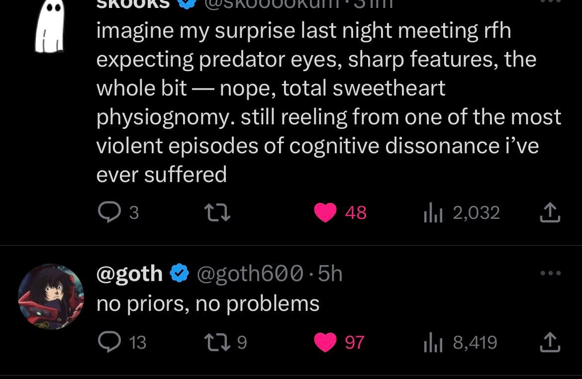 A screenshot of a Twitter conversation showing a reply to a tweet about meeting someone in person. The original tweet by @skooookum describes being surprised that the person was a 'total sweetheart' instead of having a 'predator' appearance. The reply from @goth600 reads 'no priors, no problems'.